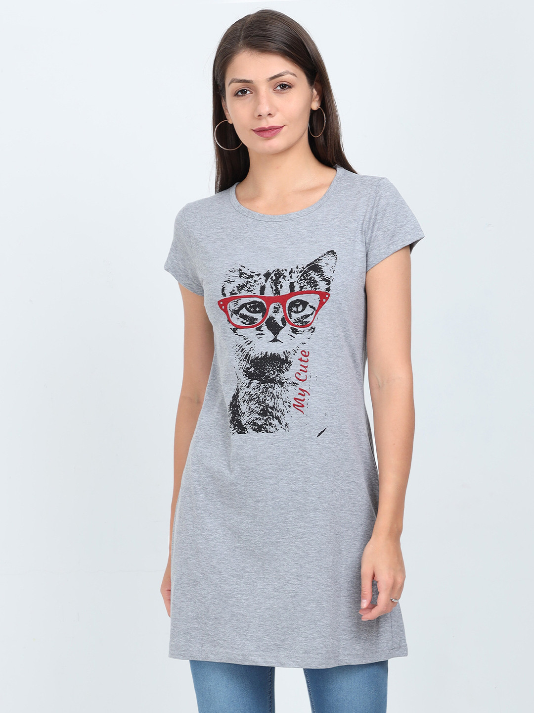 Fleximaa Grey Print Pure Cotton Longline Top