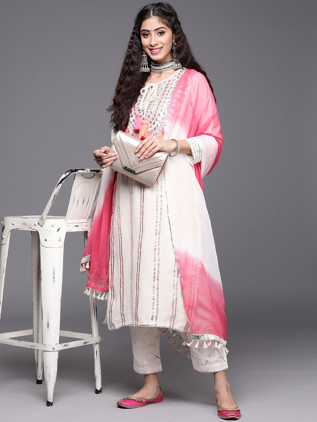 KSUT Women Off White Embroidered Empire Gotta Patti Kurta with Palazzos & With Dupatta