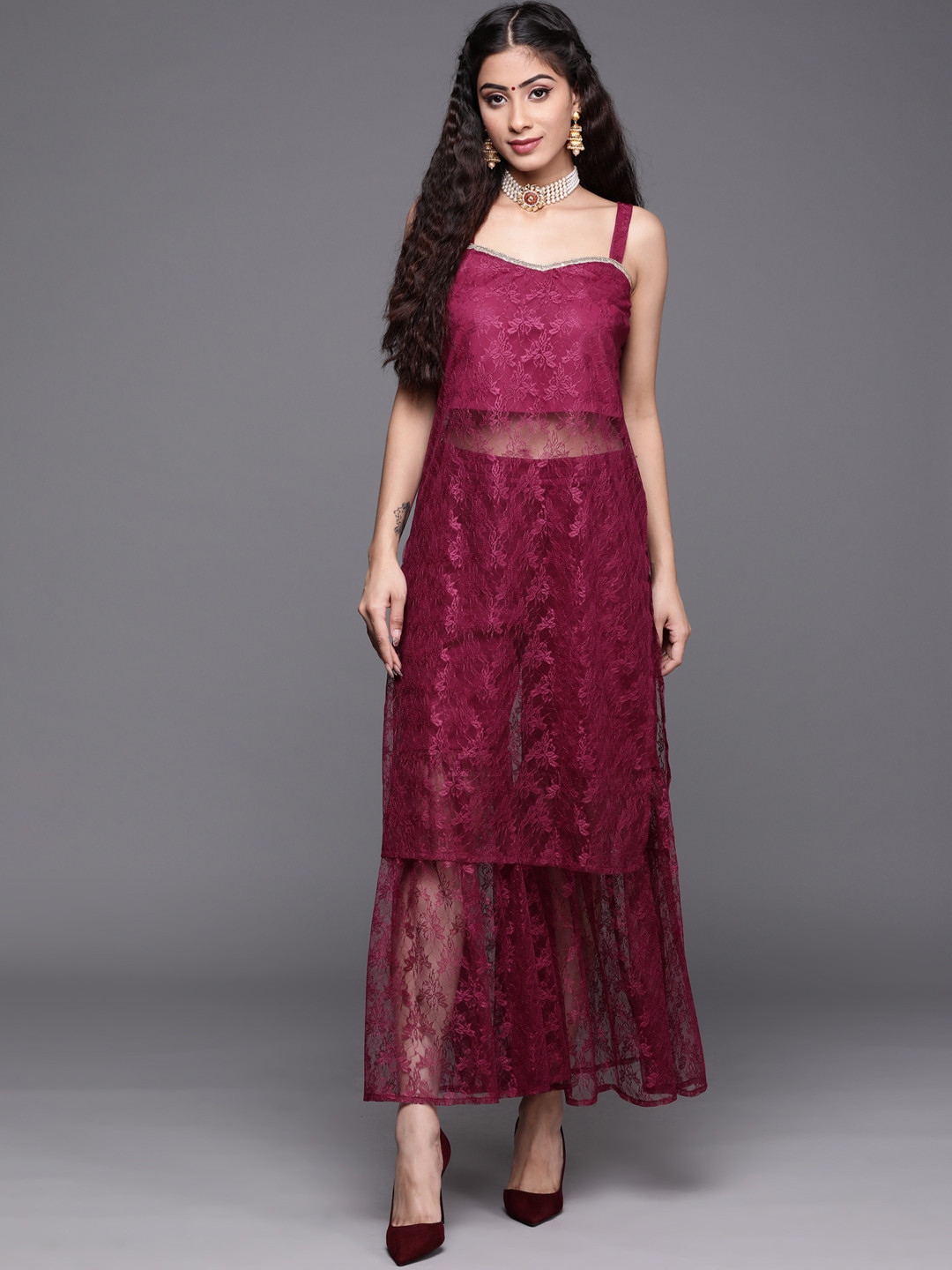 Varanga Women Magenta Floral Lace Kurta with Sharara