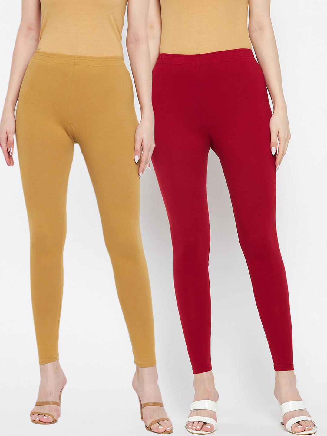 Clora Creation Women Pack Of 2 Maroon & Yellow Solid Ankle-Length Leggings