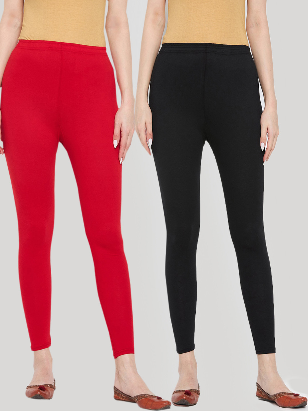 Clora Creation Women Set of 2 Red & Black Solid Leggings