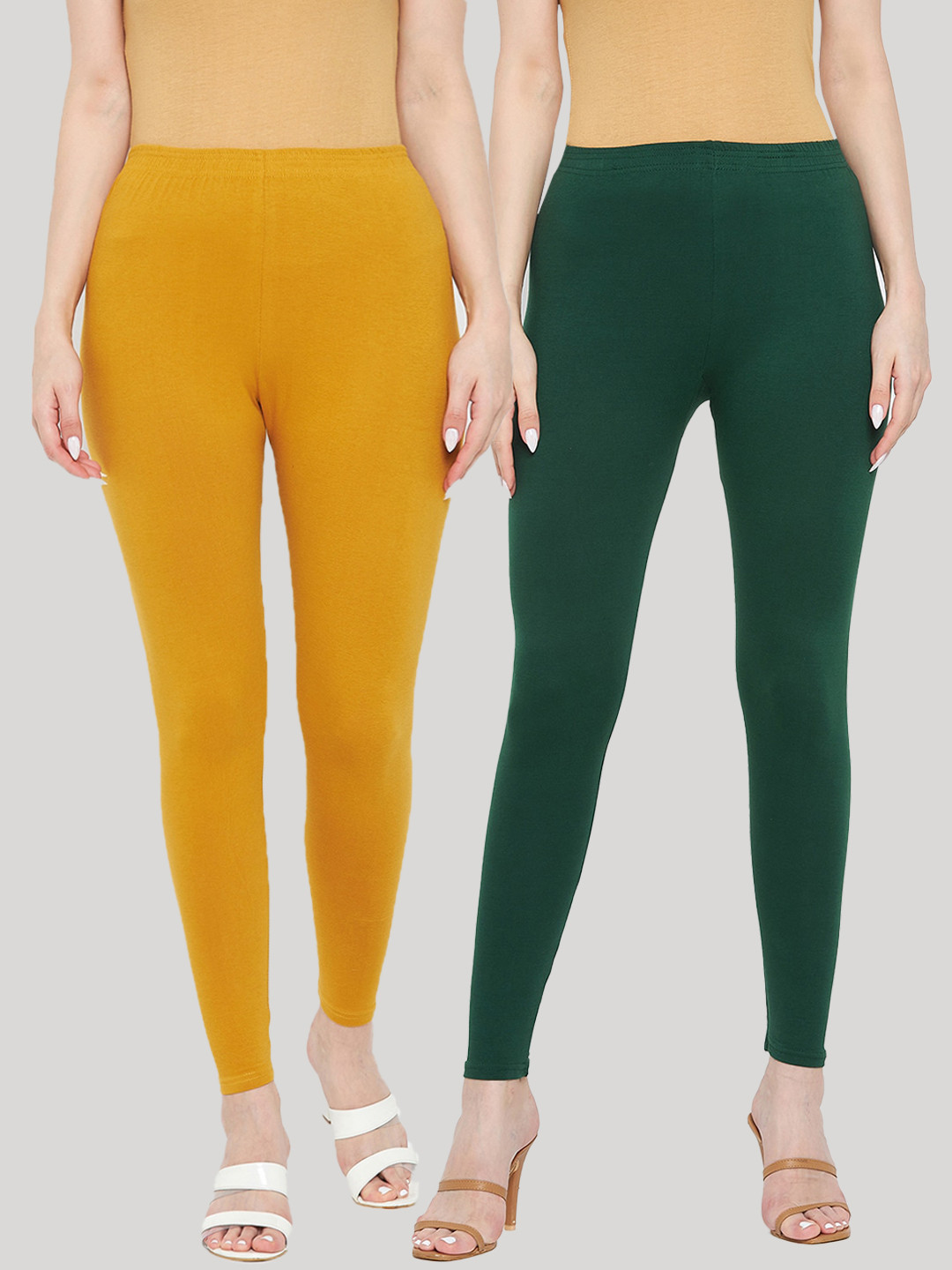 Clora Creation Women Pack of 2 Bottle Green & Mustard Solid Ankle Length Cotton Leggings