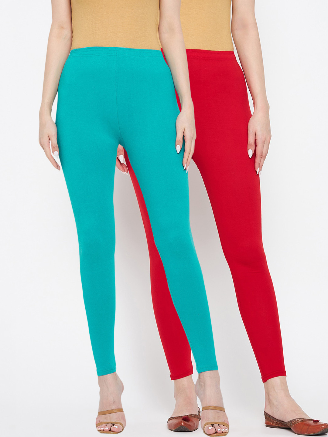 Clora Creation Women Pack Of 2 Red & Sea Green Solid Ankle-Length Leggings