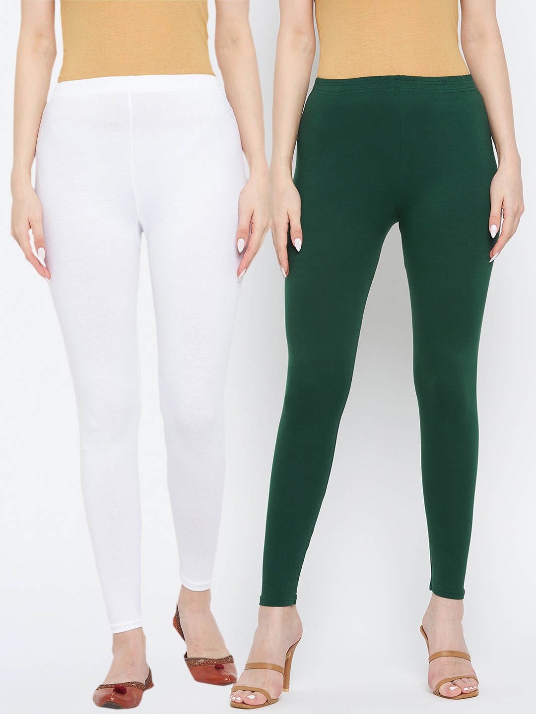 Clora Creation Women Pack of 2 Bottle Green & Off-White Solid Ankle Length Cotton Leggings