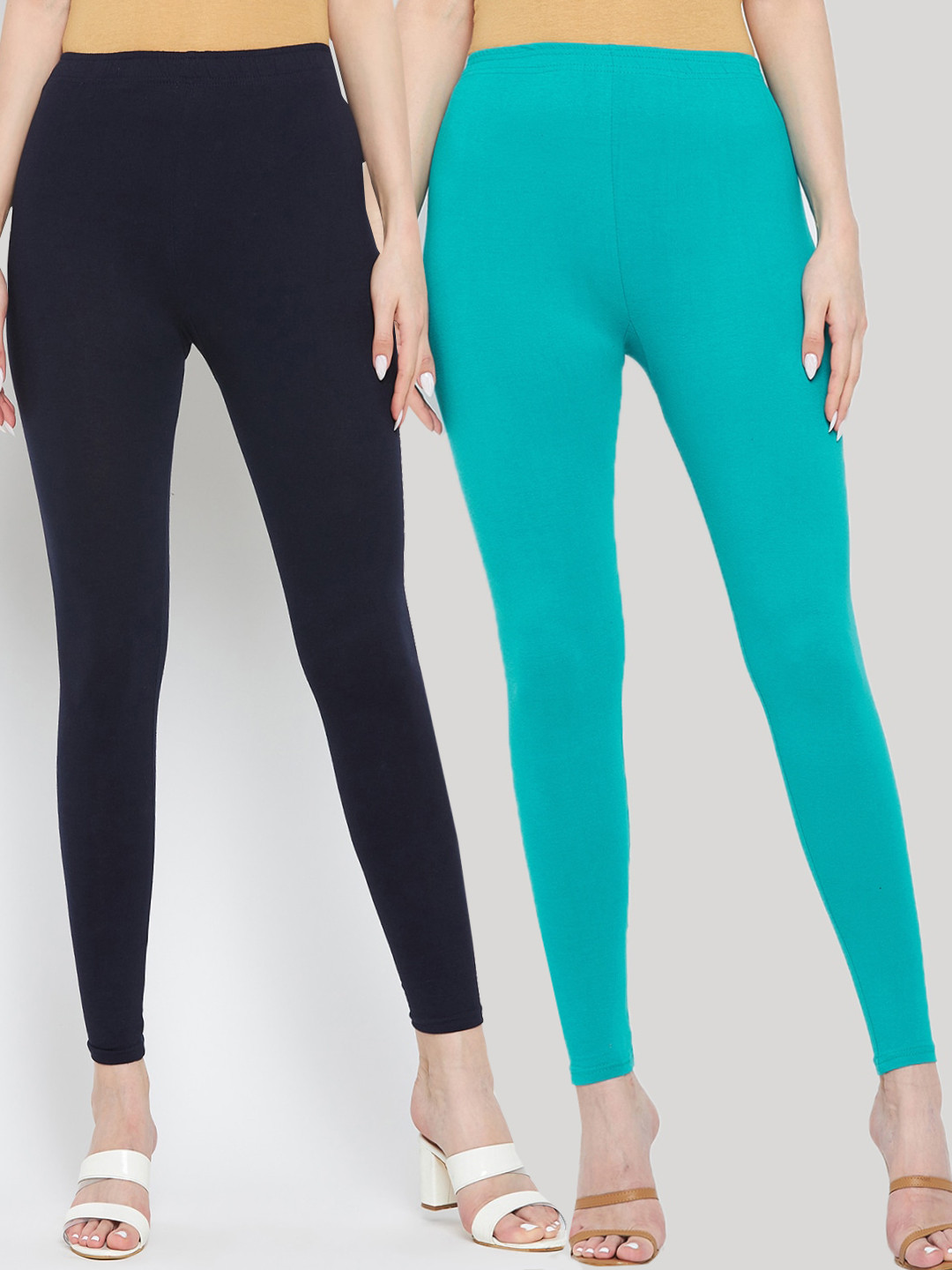 Clora Creation Women Navy Blue & Sea Green Pack Of 2 Solid Ankle-Length Leggings