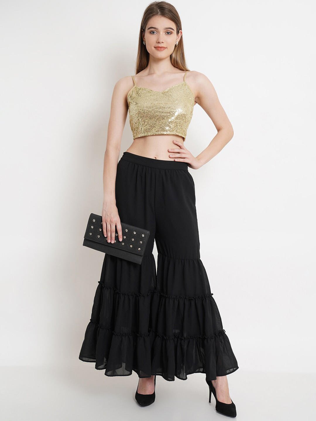 Purple State Women Gold-Toned Embroidered Sequinned Top With Sharara