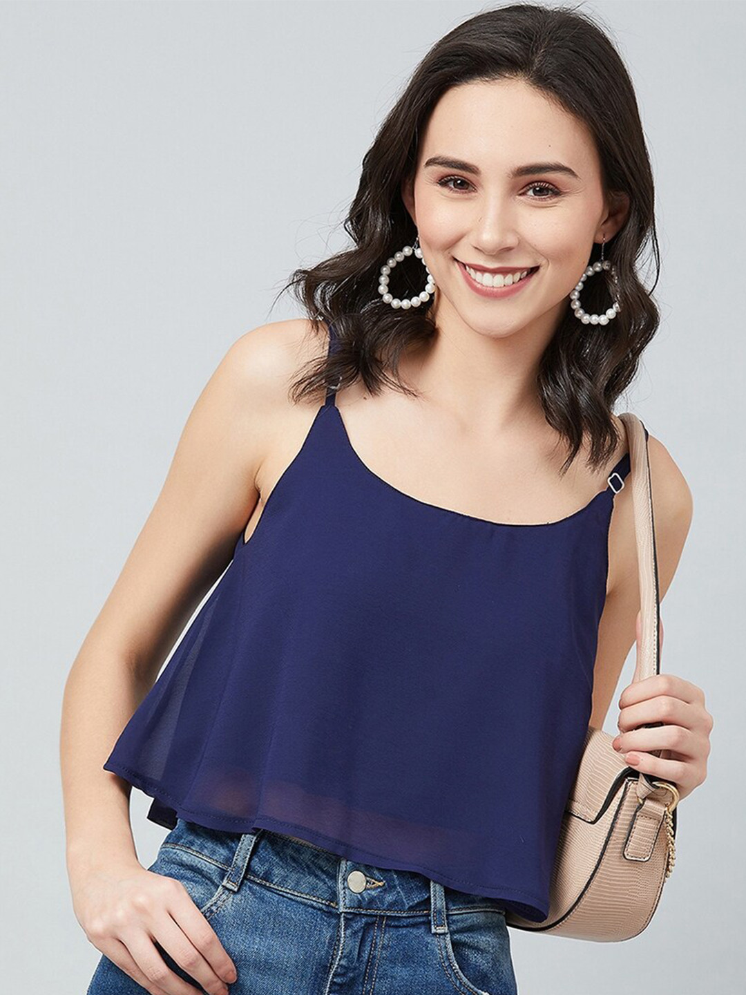 CHIMPAAANZEE Navy Blue Solid A-line Crop Top