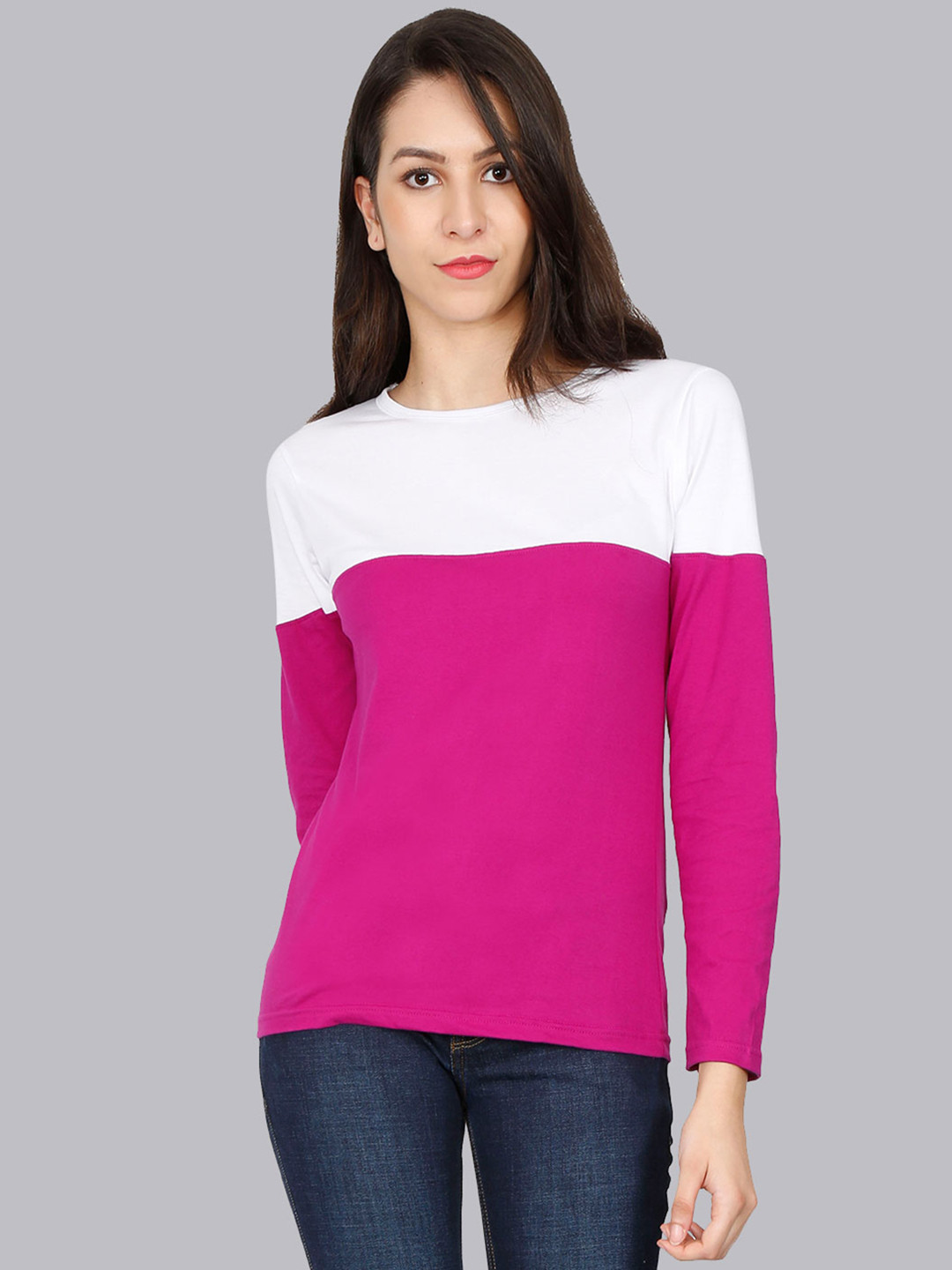 Fleximaa Women White & Magenta Colourblocked Cotton T-shirt