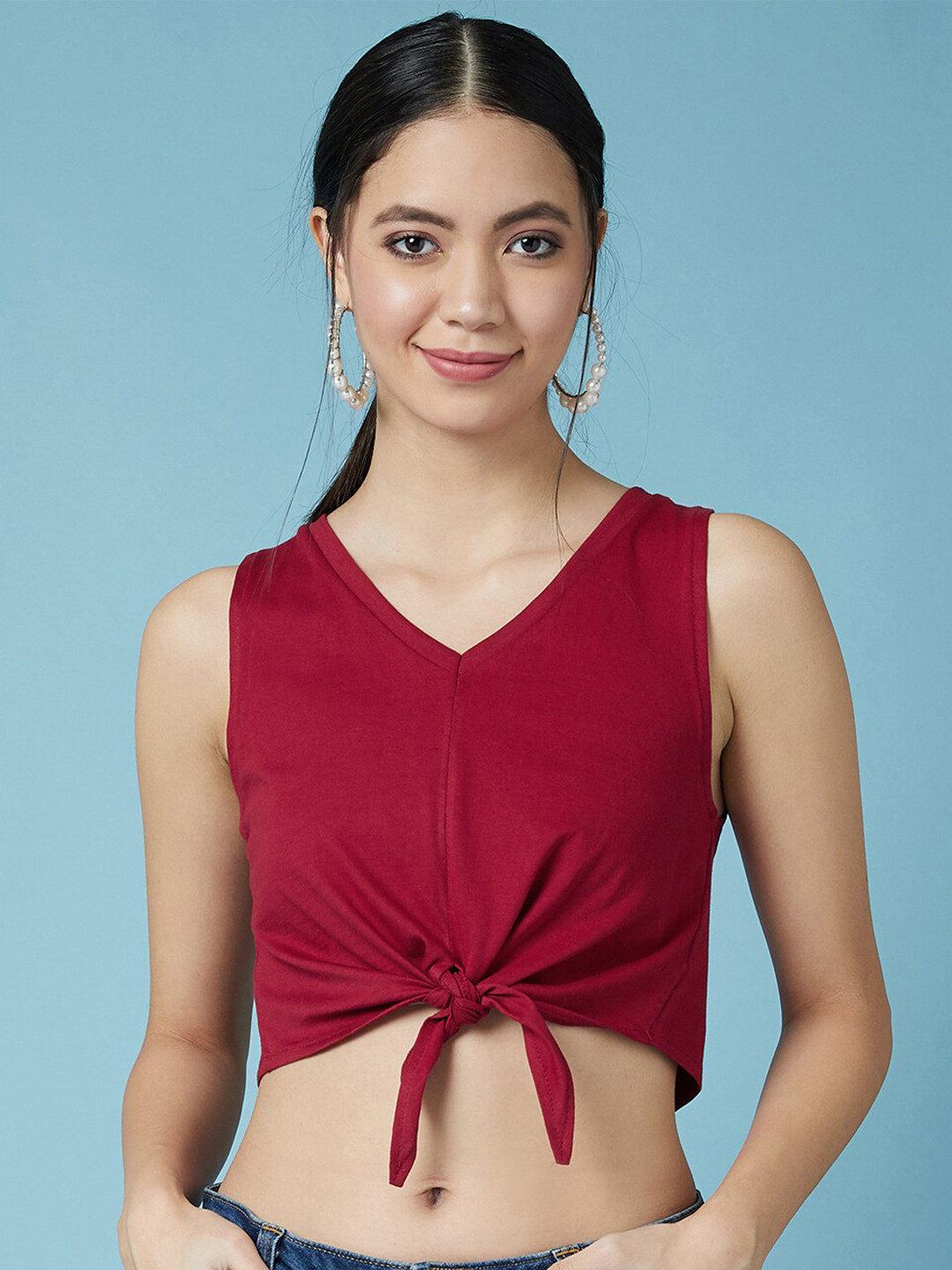 CHIMPAAANZEE Women Maroon Cotton Crop Tank Top