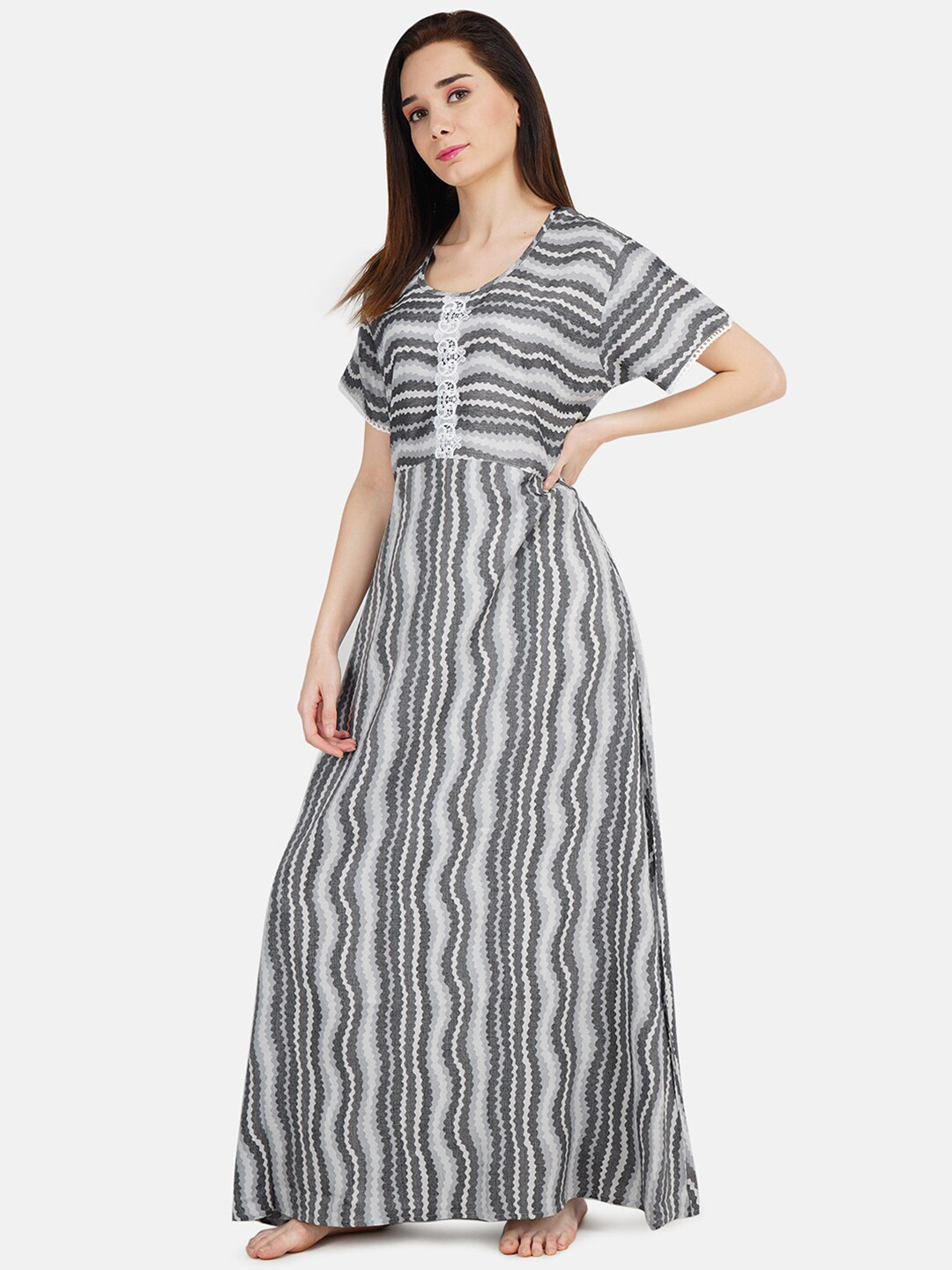 KOI SLEEPWEAR Women Grey Stripped with White Lace Maxi Nightdress