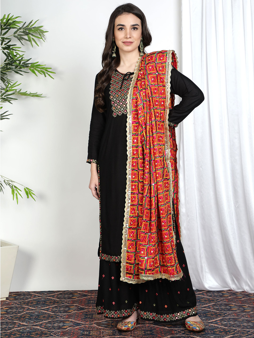 Moda Chales Orange & Green Embroidered Dupatta with Phulkari