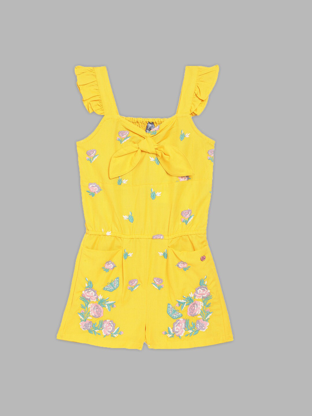 Blue Giraffe Girls Yellow & Pink with Embroidered Cotton Jumpsuit