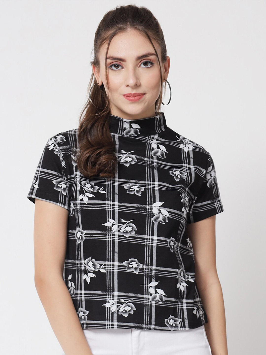Kotty Black & White Floral Print Monochrome Boxy Crop Top