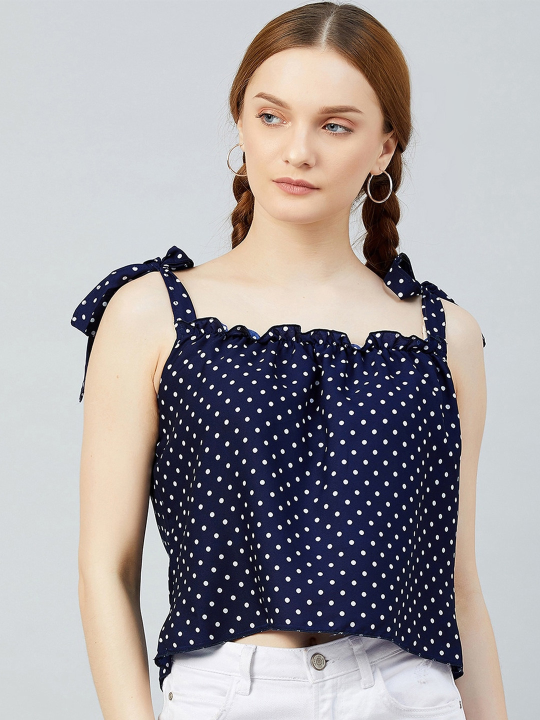 CHIMPAAANZEE Navy Blue Polka Dot Print Crop Top