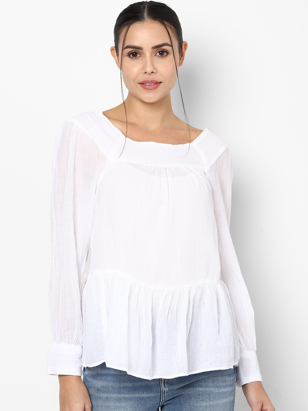 AMERICAN EAGLE OUTFITTERS White Pure Cotton Square Neck Peplum Top