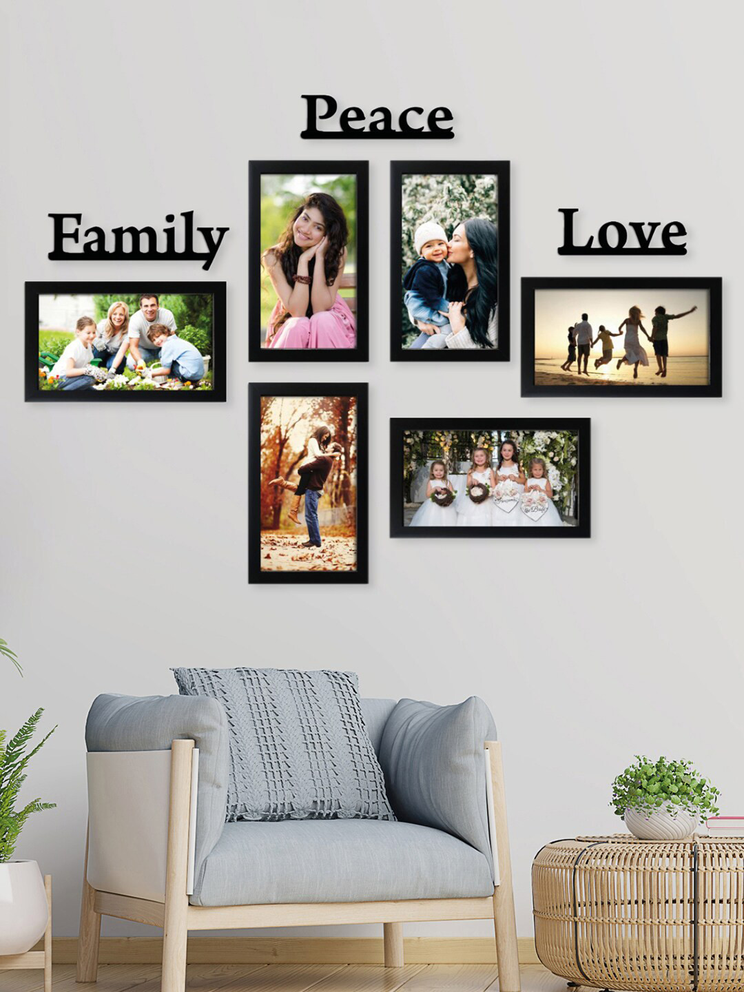RANDOM Black Set of 6 Photo Frames With Family Peace Love Plaque