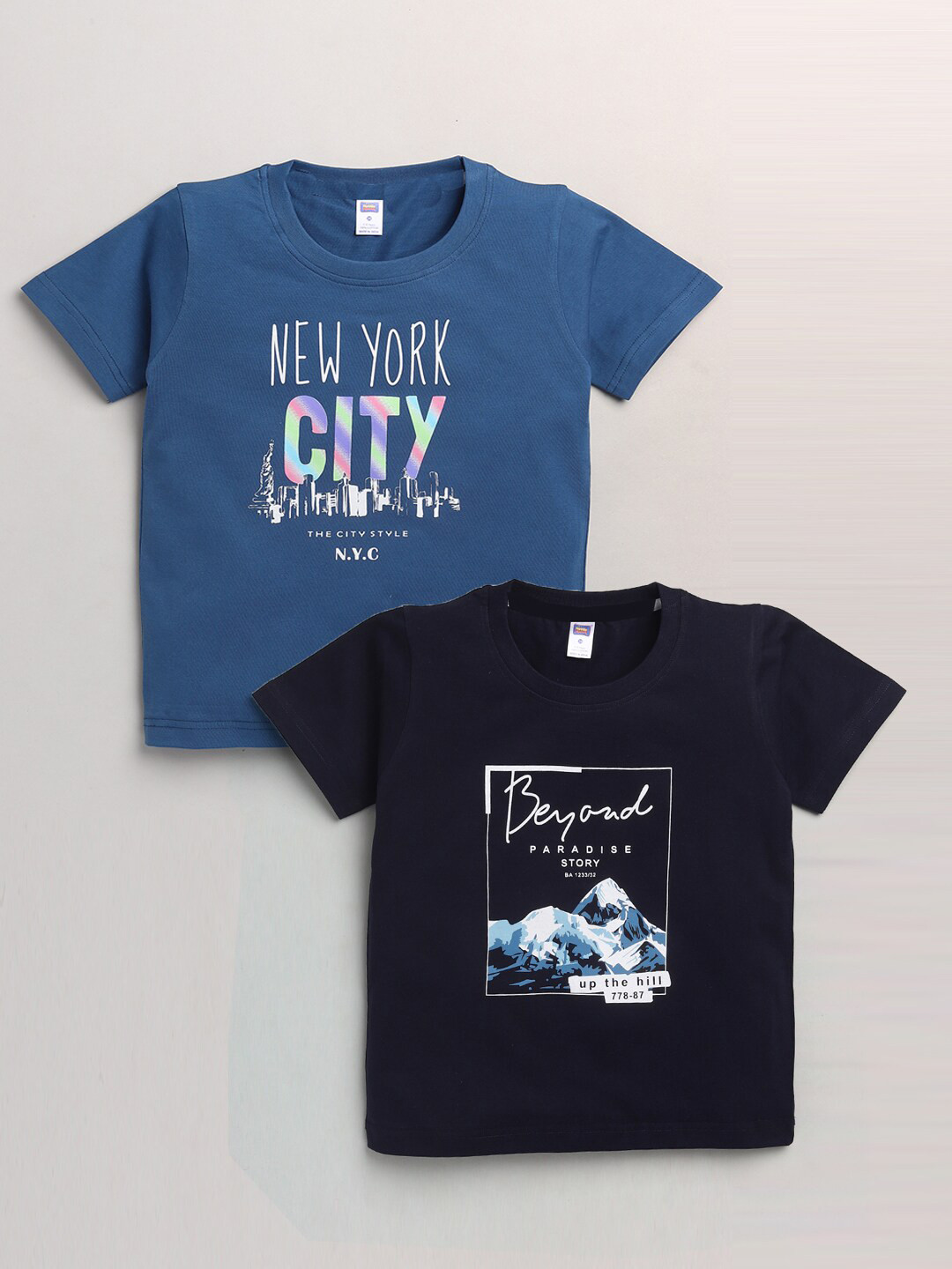 Nottie Planet Boys Blue & Navy Blue Typography Set Of 2 Printed T-shirt