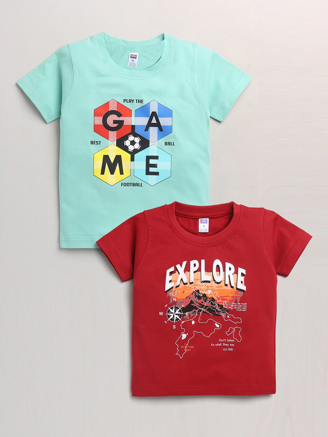 Nottie Planet Boys Turquoise Blue & Red Set Of 2 Printed Pure Cotton T-shirt
