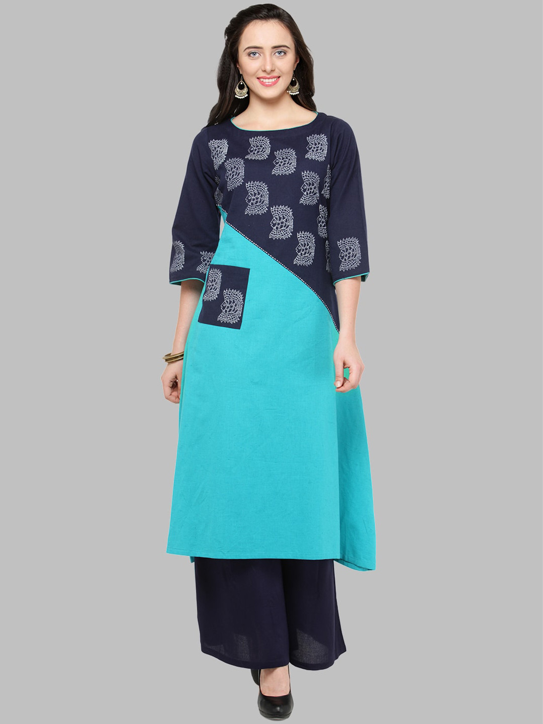 Bitterlime Women Navy Blue Colourblocked Block Print Kurta