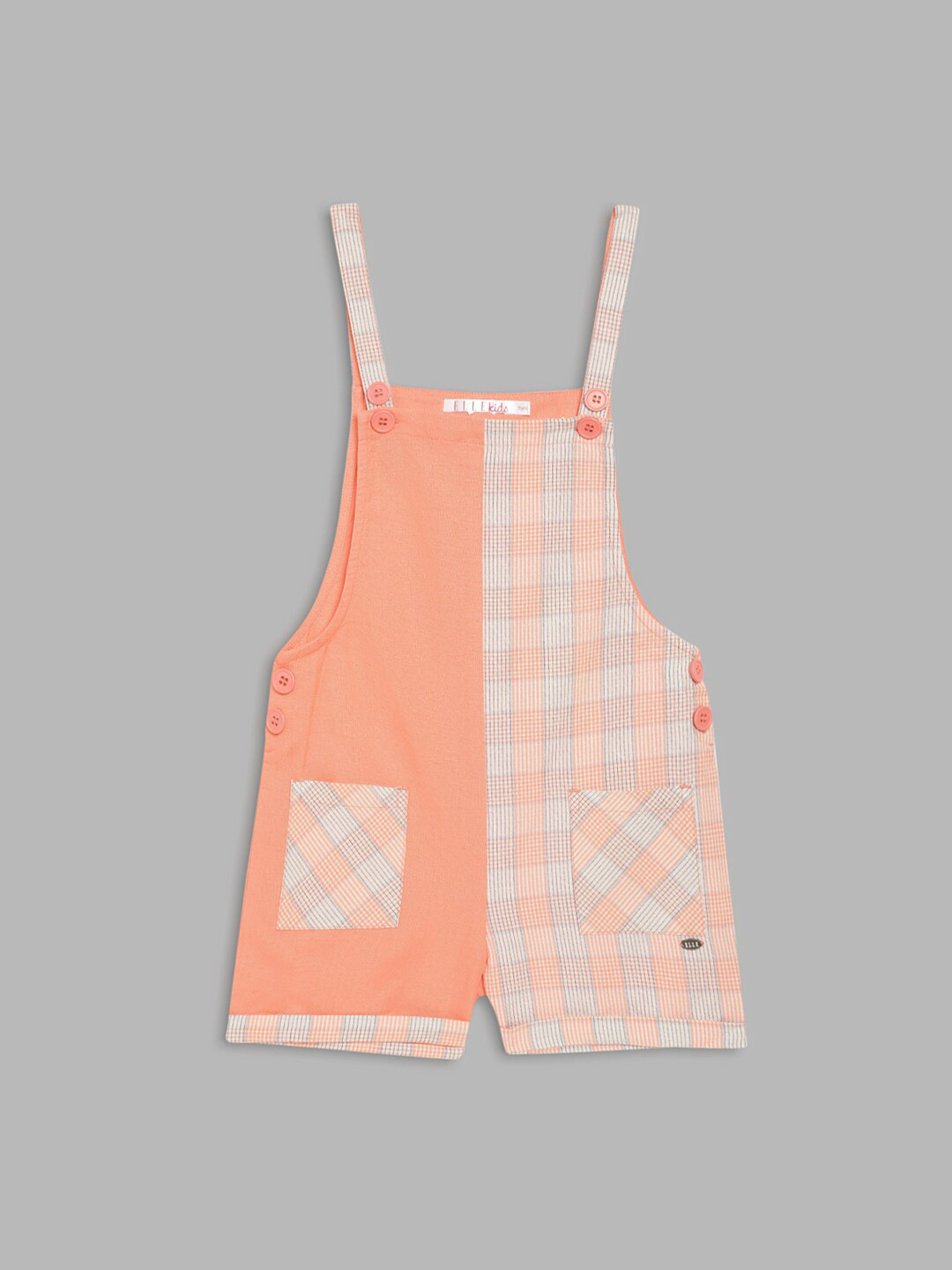 ELLE Girls Orange Cotton Checked Dungarees