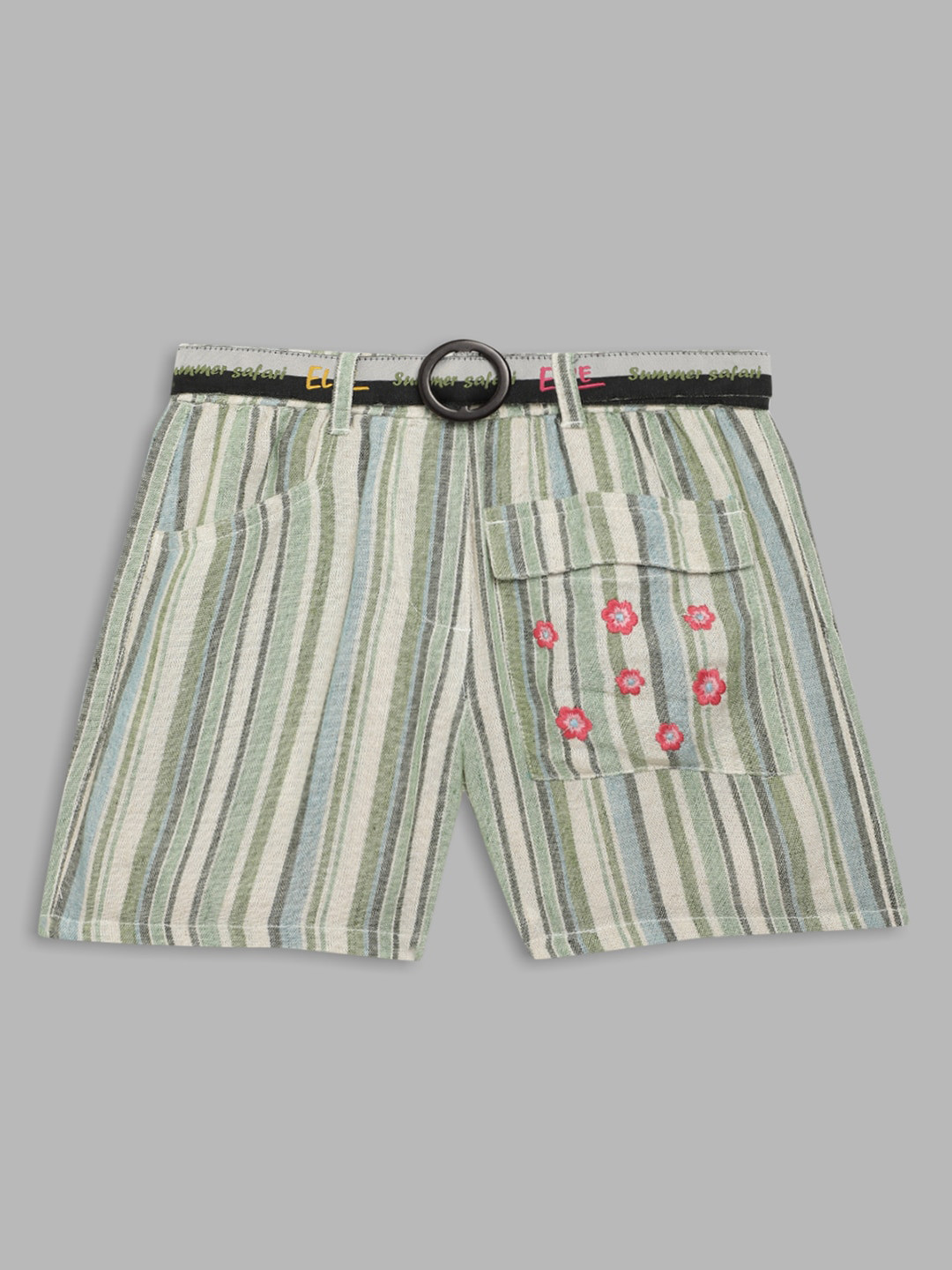 ELLE Girls Olive Green Striped Cotton Shorts
