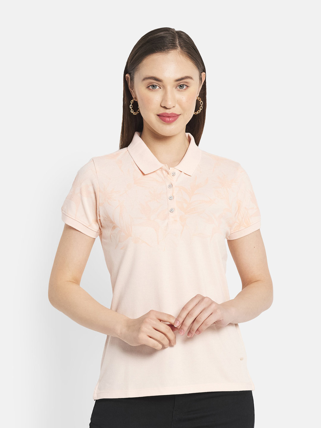 METTLE Women Peach-Coloured Printed Polo Collar T-shirt