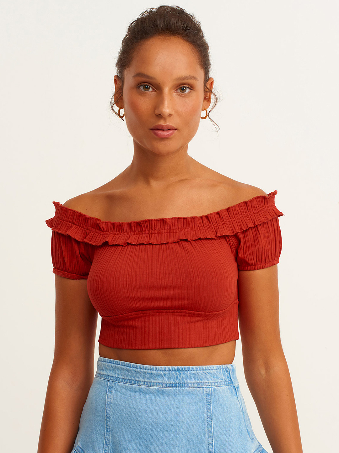 OXXO X Bohemian Red Off-Shoulder Ruffles Bardot Crop Top