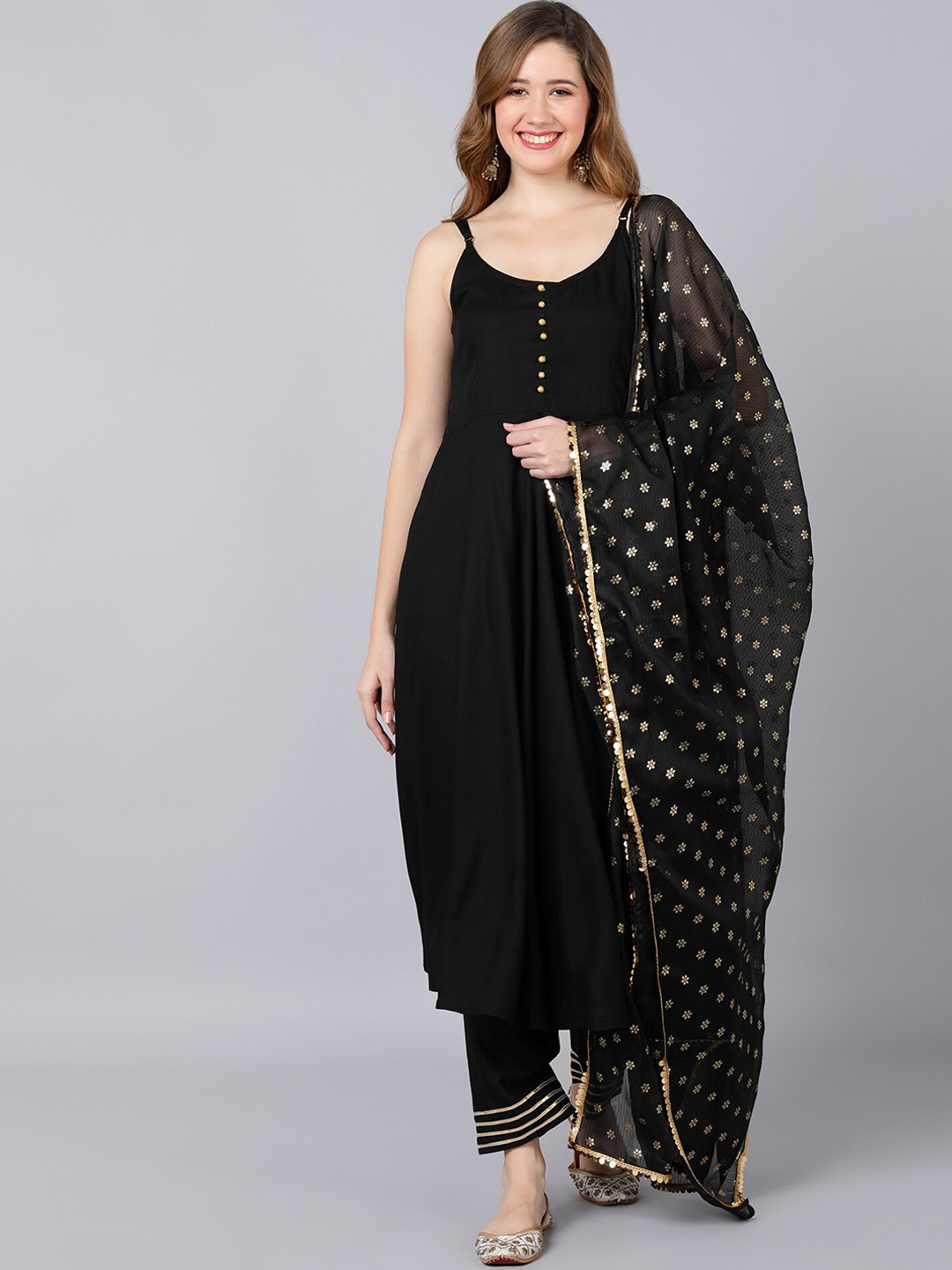 Indi INSIDE Women Black & Gold Kurta with Churidar & With Dupatta