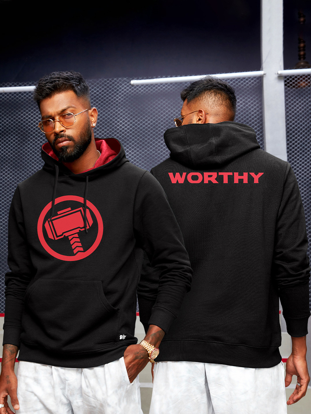 The Souled Store Men Black Thor Worthy Printed Pure Cotton Hooded Sweatshirt