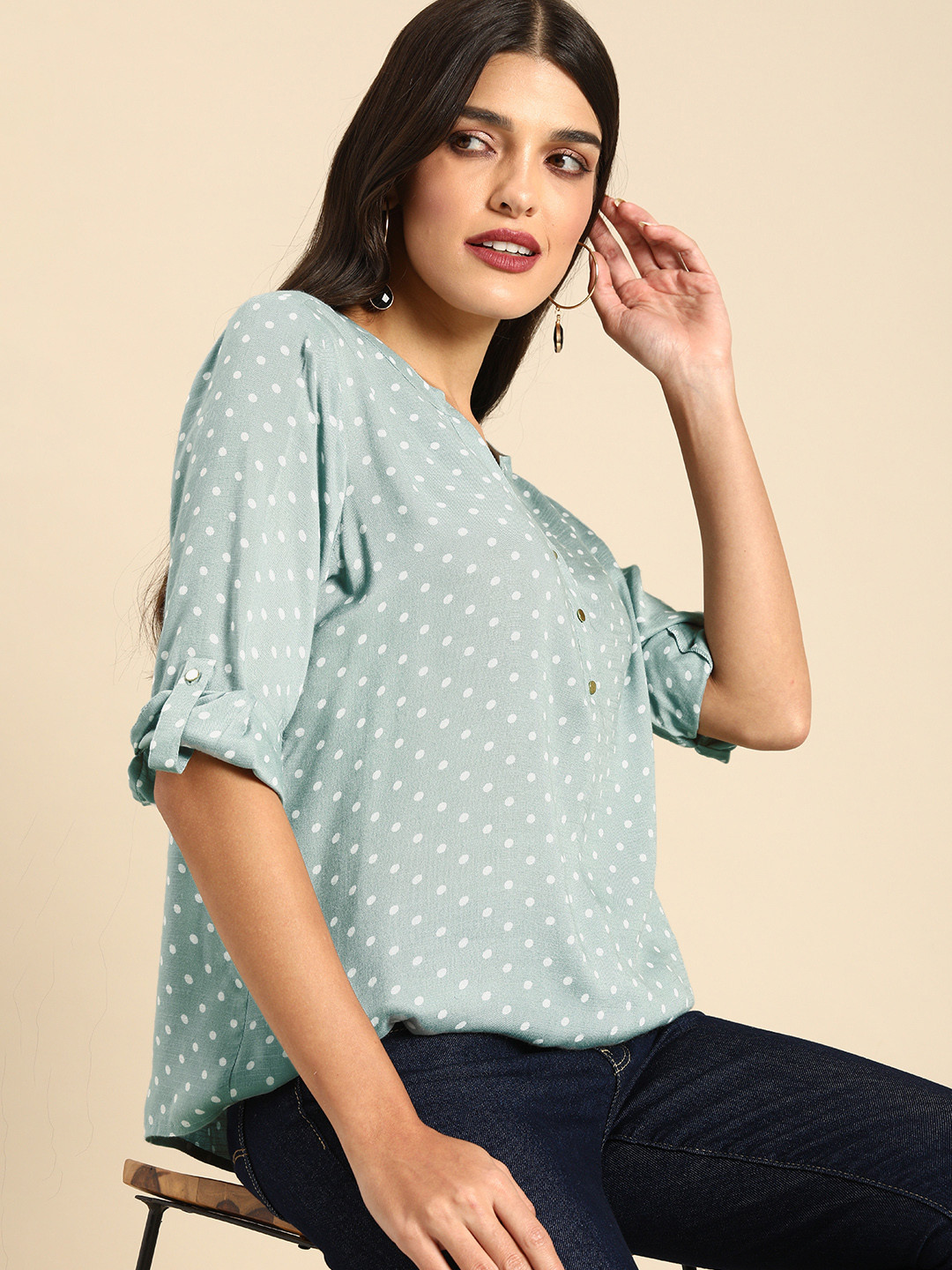 all about you Green Polka Dot Print Pure Cotton Roll-Up Sleeves Top