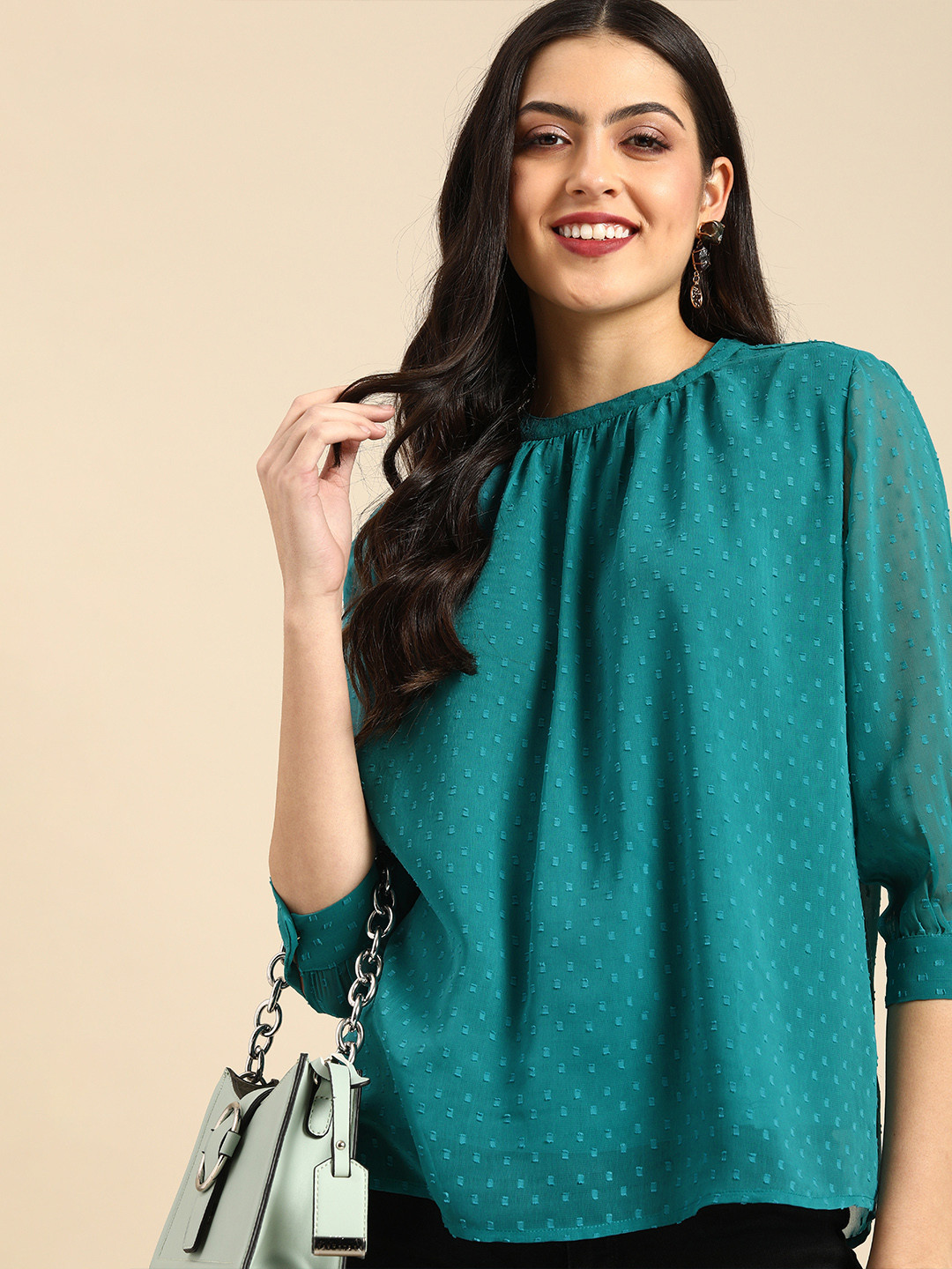 all about you Women Sea Green Self Designed Dobby Regular Top