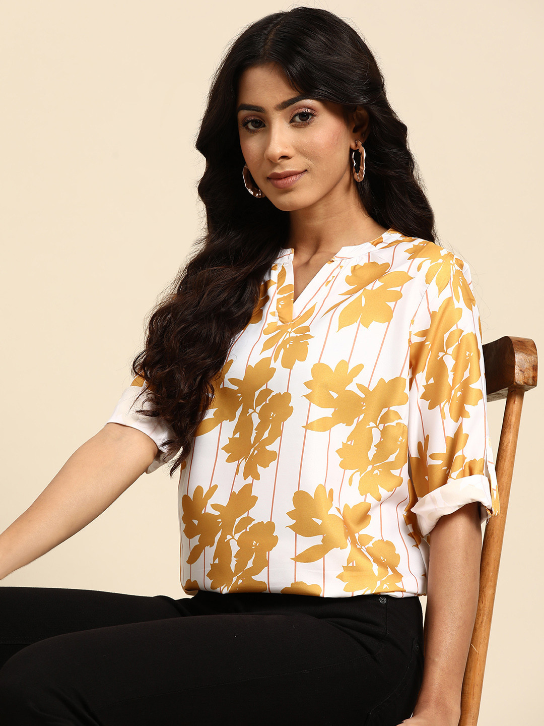all about you White & Mustard Yellow Floral Print Top