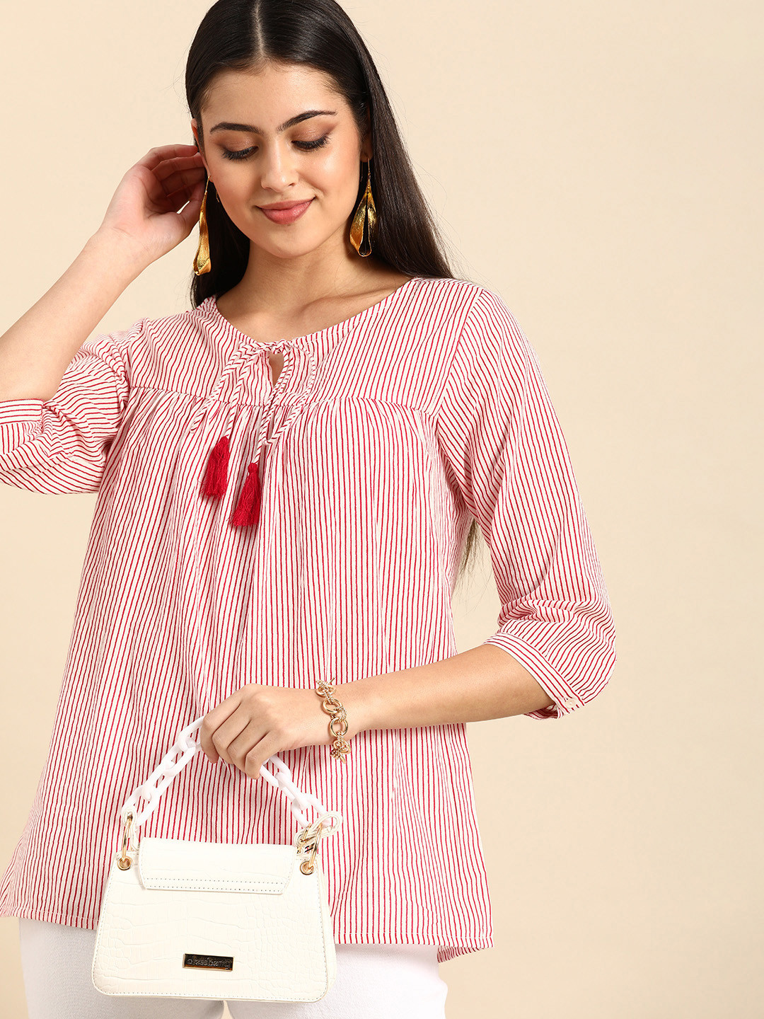 all about you White & Red Striped  Cotton Short Kurti with Tassel detail