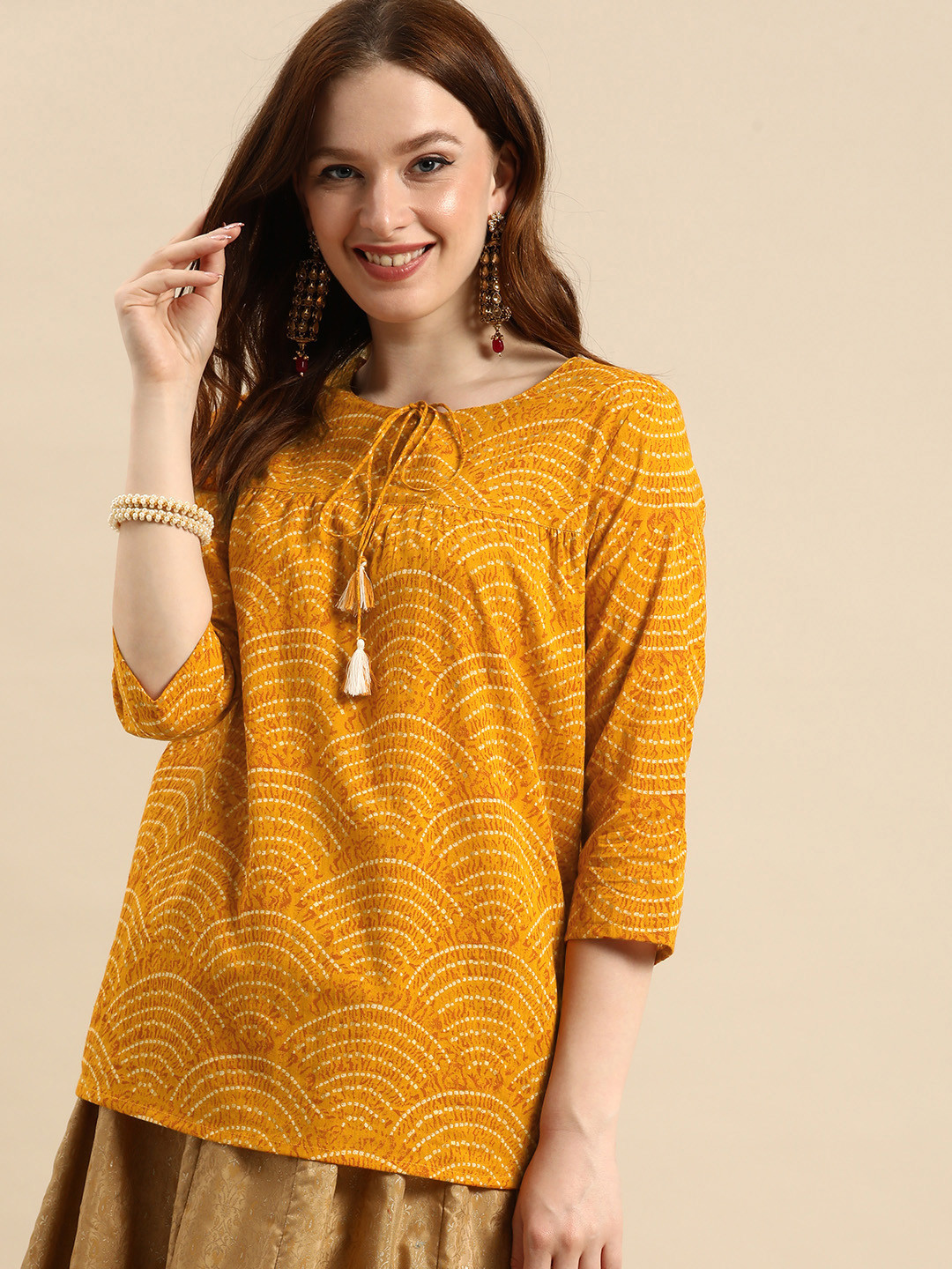 all about you Women Yellow Striped Pure Cotton  Short Kurti