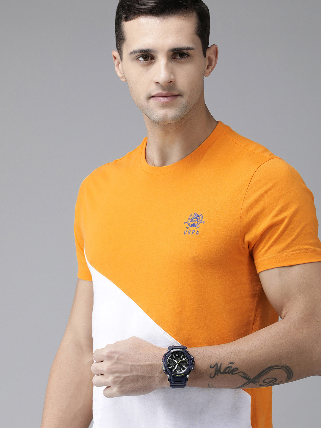 U.S. Polo Assn. Men Mustard Yellow & White Colourblocked Pure Cotton T-shirt