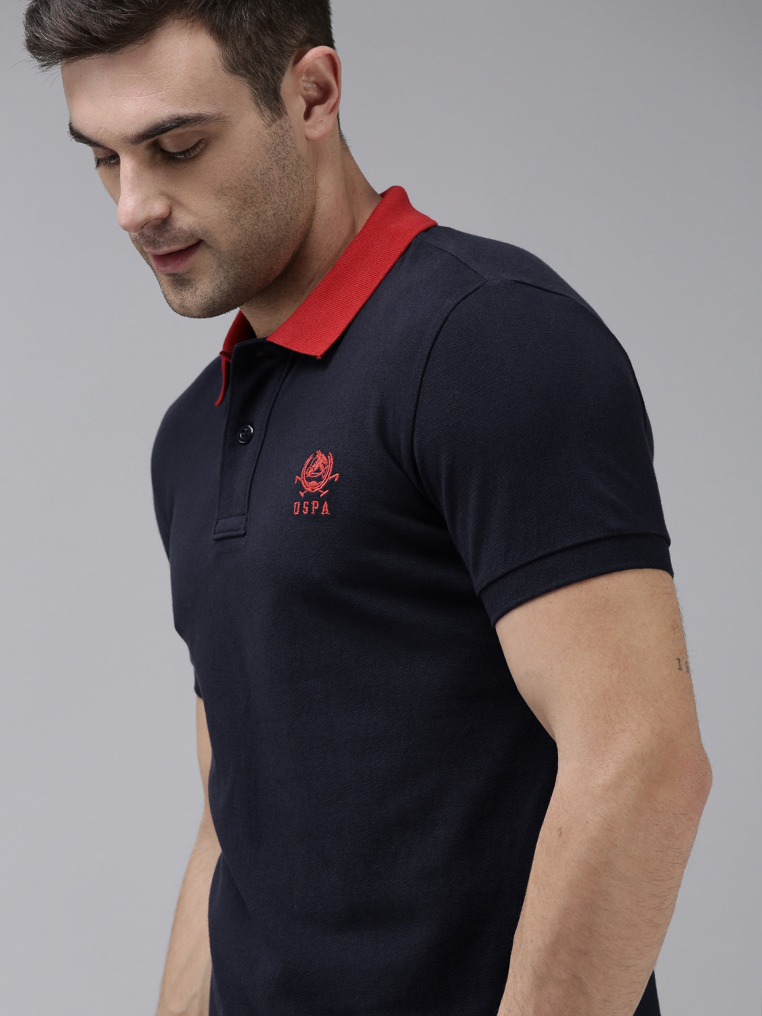 U S Polo Assn Men Navy Blue Contrast Polo Collar Pure Cotton T-shirt