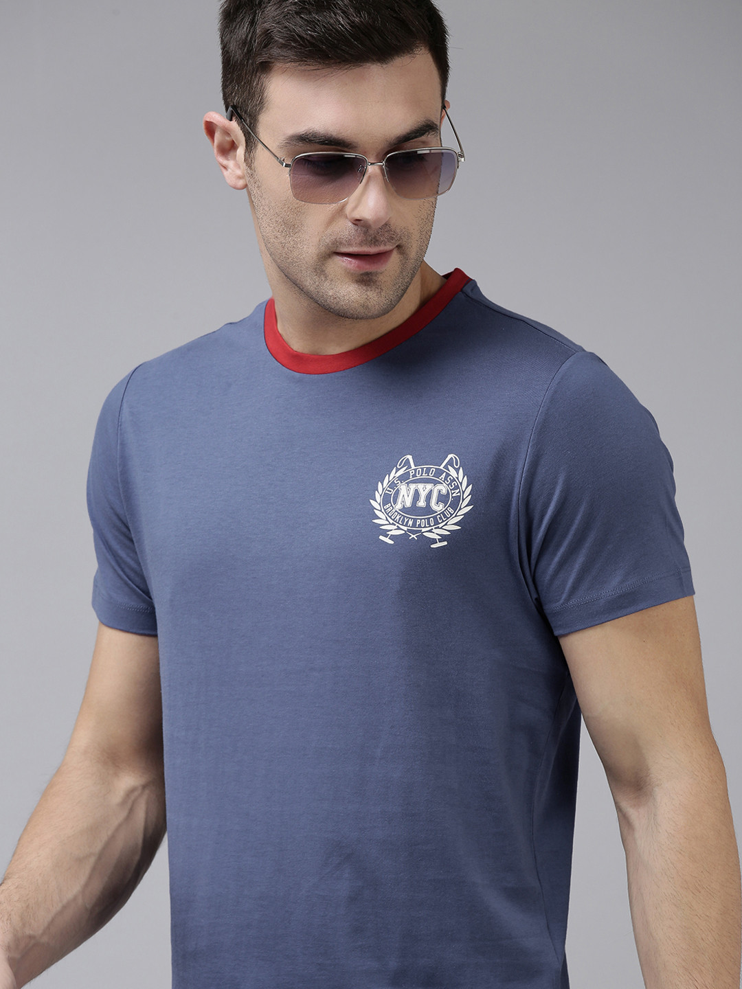 U.S. Polo Assn. Denim Co. Men Navy Blue Print Detail Pure Cotton T-shirt