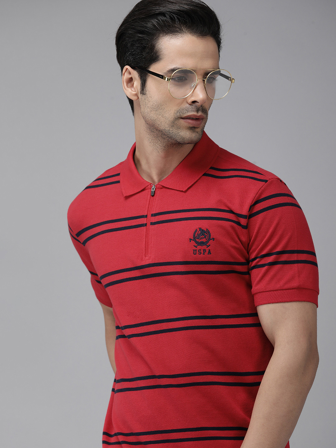 U S Polo Assn Men Red & Black Striped Pure Cotton Polo Collar T-shirt