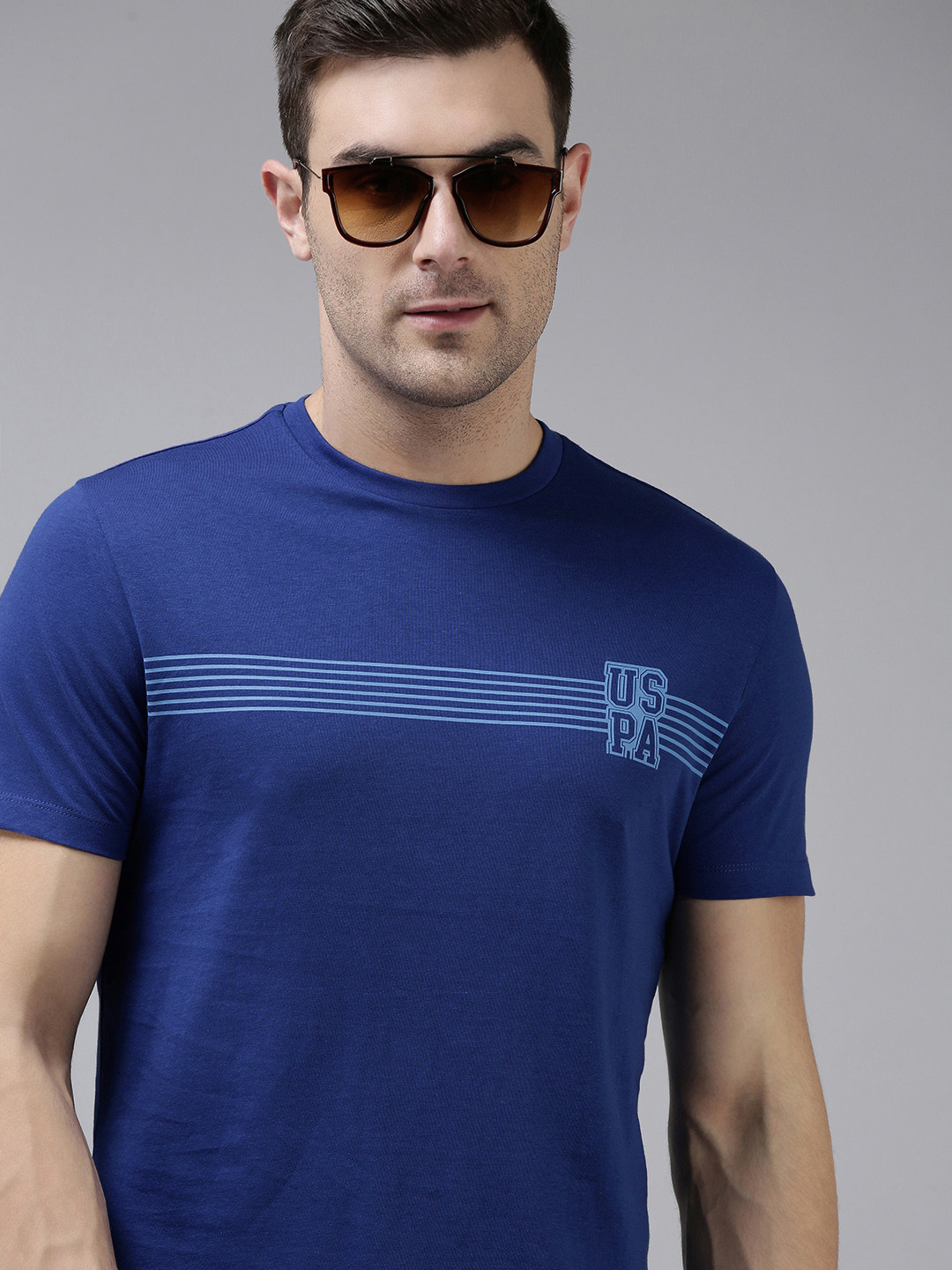 U S Polo Assn Men Navy Blue Striped Pure Cotton T-shirt