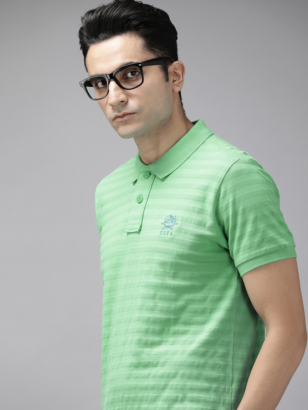 U S Polo Assn Men Green Striped Pure Cotton T-shirt