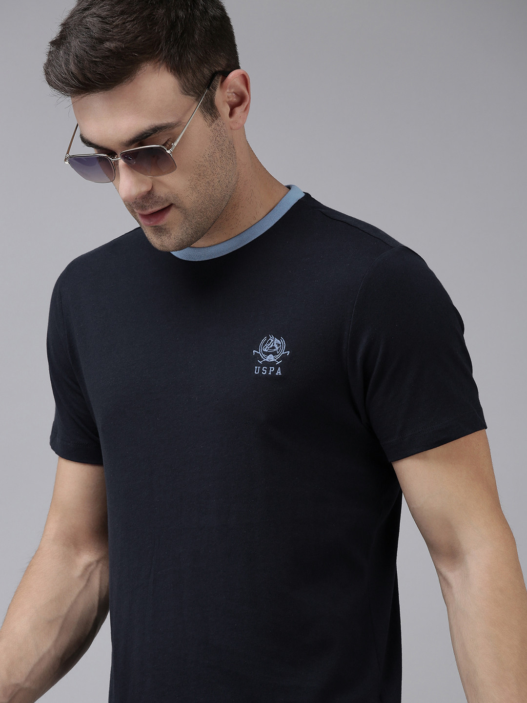 U S Polo Assn Men Navy Blue Pure Cotton T-shirt with Contrast Tipping