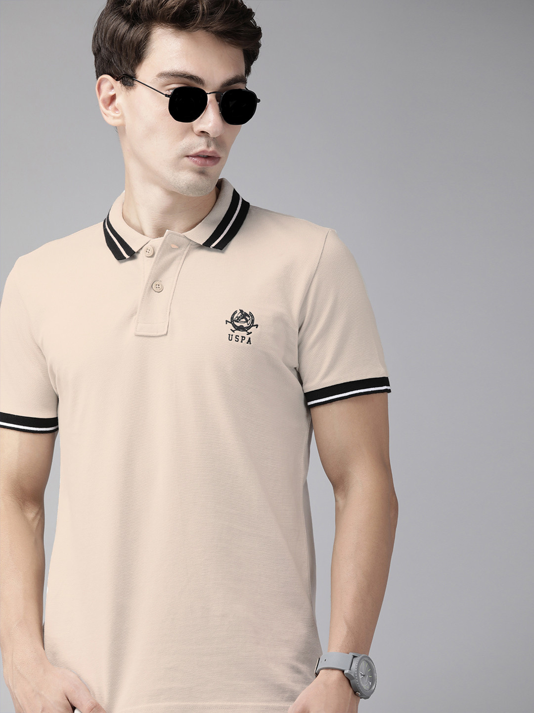 U S Polo Assn Men Beige Solid Polo Collar Pure Cotton T-shirt