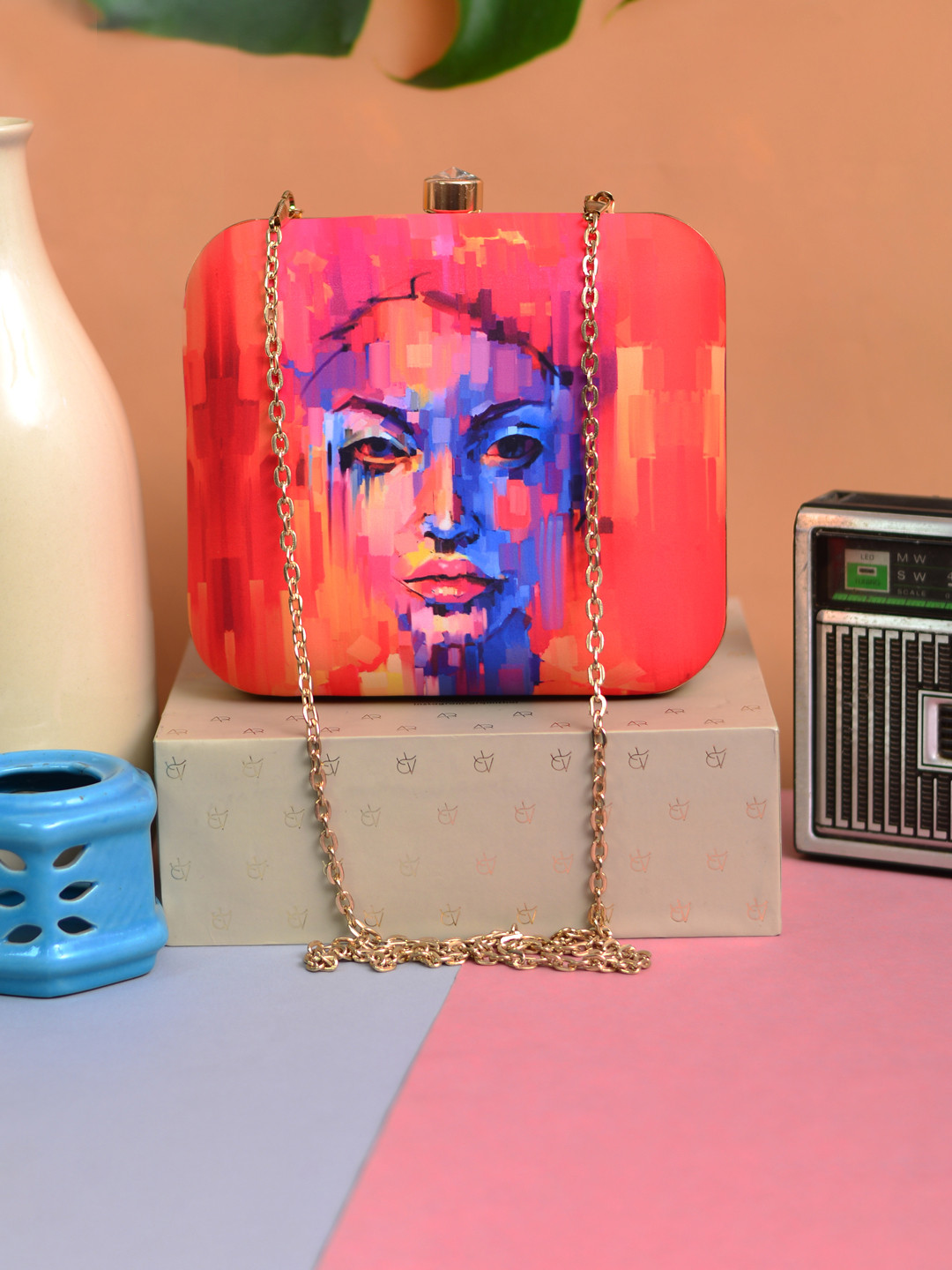 ARTKLIM Red & Blue Printed Box Clutch