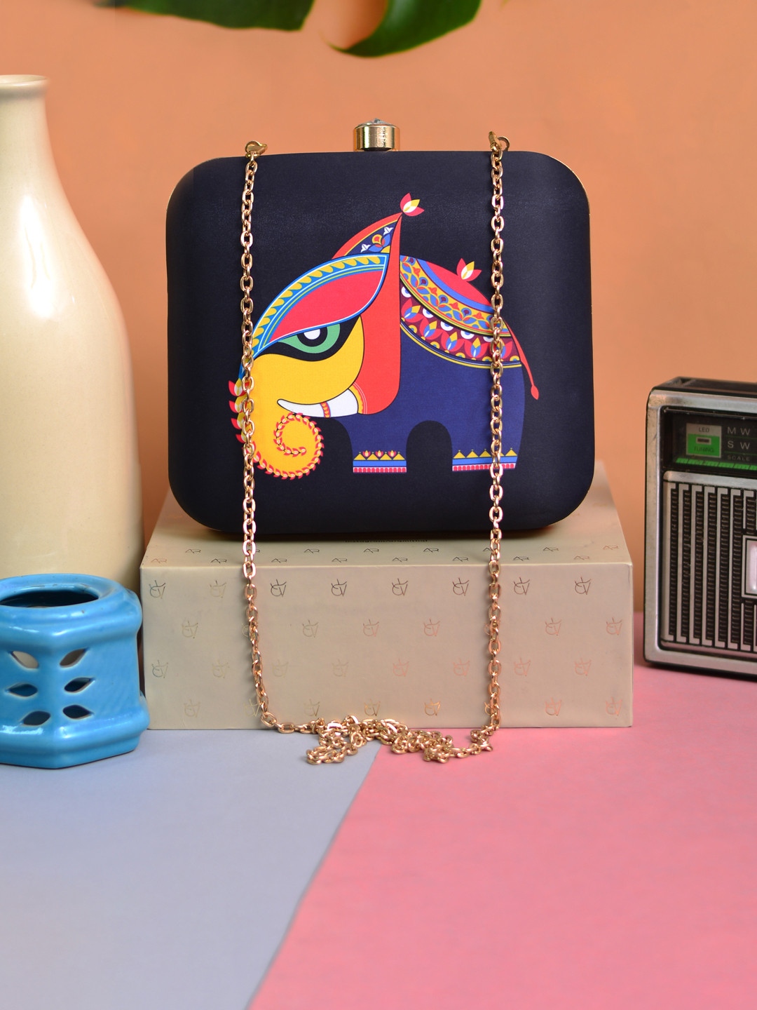 ARTKLIM Black & Blue Elephant Printed Box Clutch