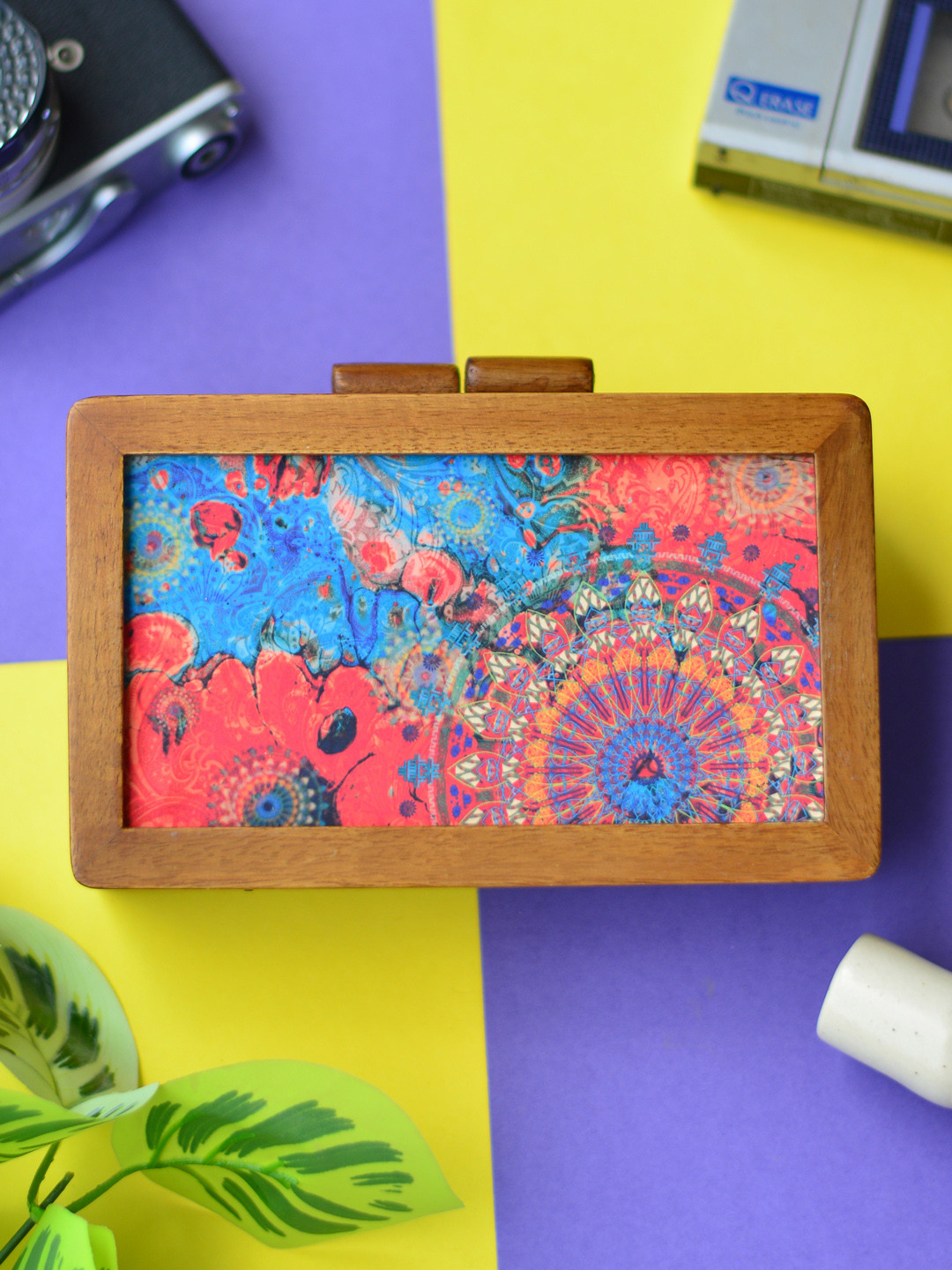 ARTKLIM Brown & Blue Printed Wooden Box Clutch