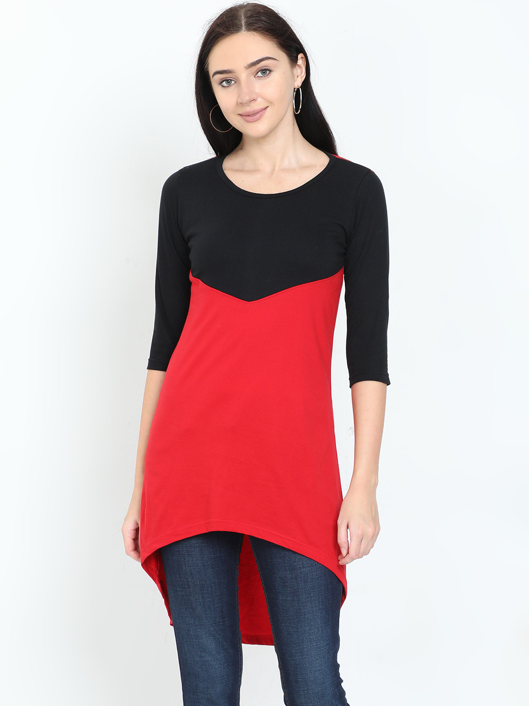 Fleximaa Red & Black Colourblocked High-Low Longline Pure Cotton Top