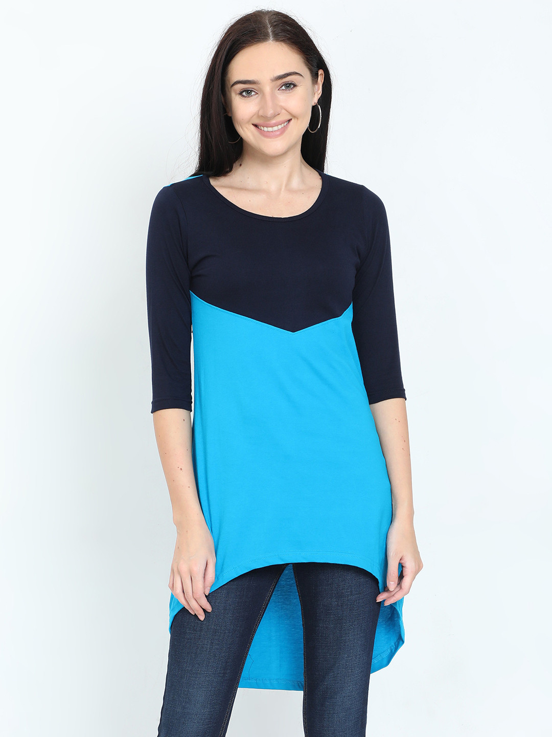Fleximaa Women Navy Blue & Turquoise Blue Colourblocked High-Low Longline Top