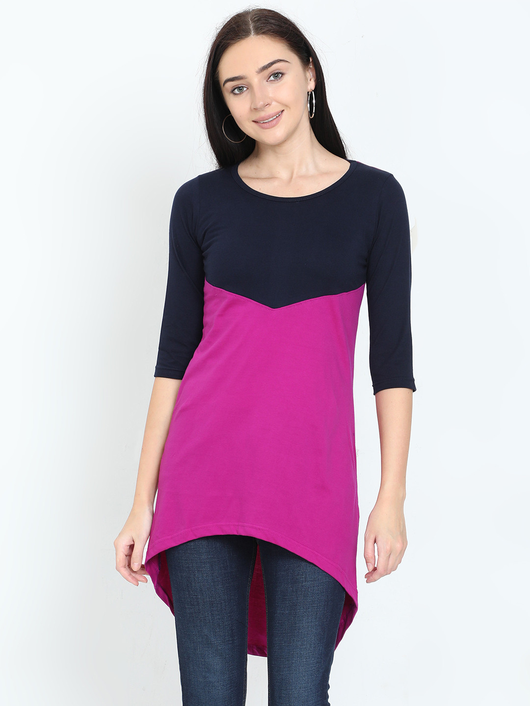 Fleximaa Navy Blue & Magenta Colourblocked High-Low Longline Top