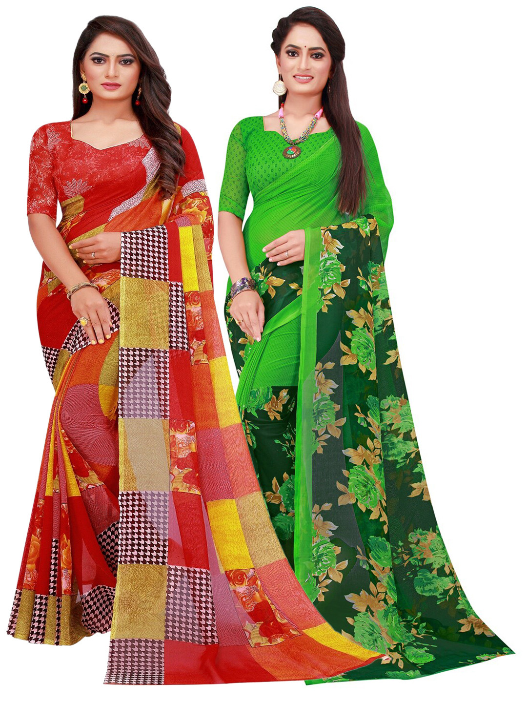 SAADHVI Pack of 2 Red & Green Floral Saree