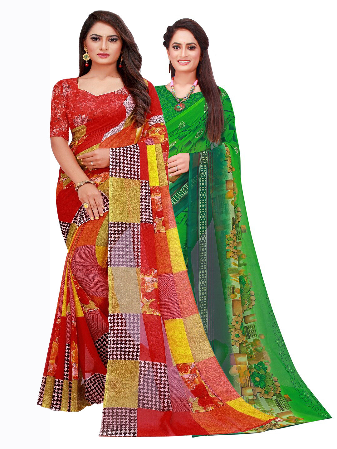 SAADHVI Red & Green Printed Pure Georgette Saree